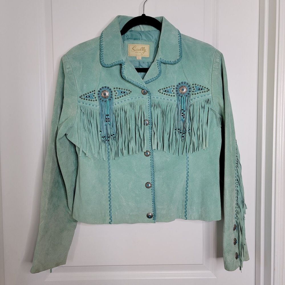 Women's SCULLY FRINGE & BEADED FAWN SUEDE LEATHER SHORT JACKET Snap Buttons LG
